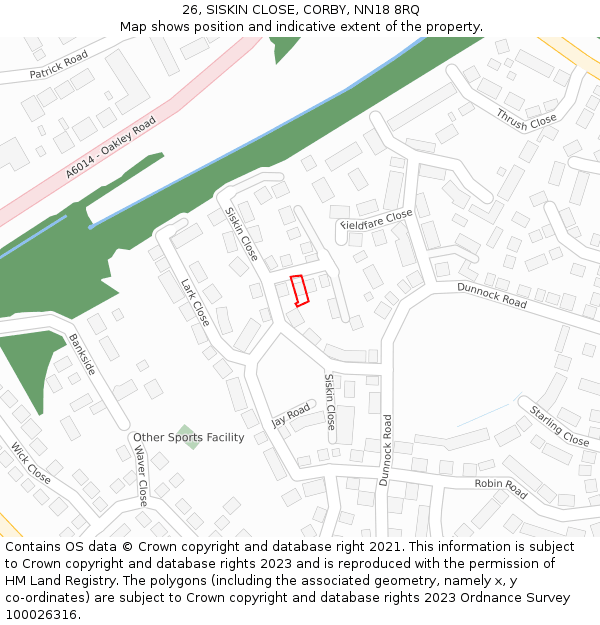 26, SISKIN CLOSE, CORBY, NN18 8RQ: Location map and indicative extent of plot