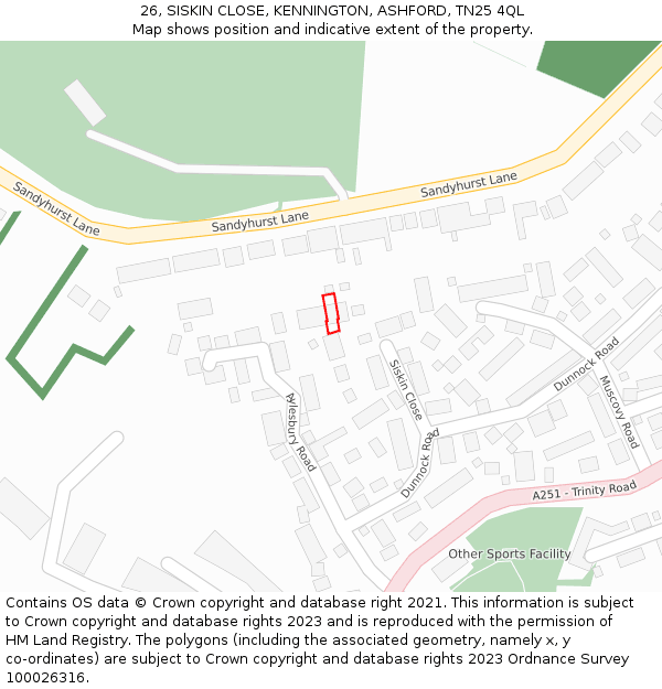 26, SISKIN CLOSE, KENNINGTON, ASHFORD, TN25 4QL: Location map and indicative extent of plot