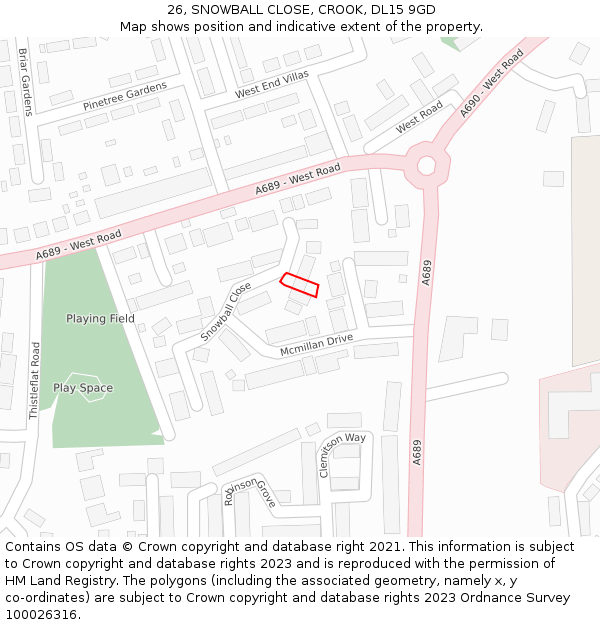 26, SNOWBALL CLOSE, CROOK, DL15 9GD: Location map and indicative extent of plot