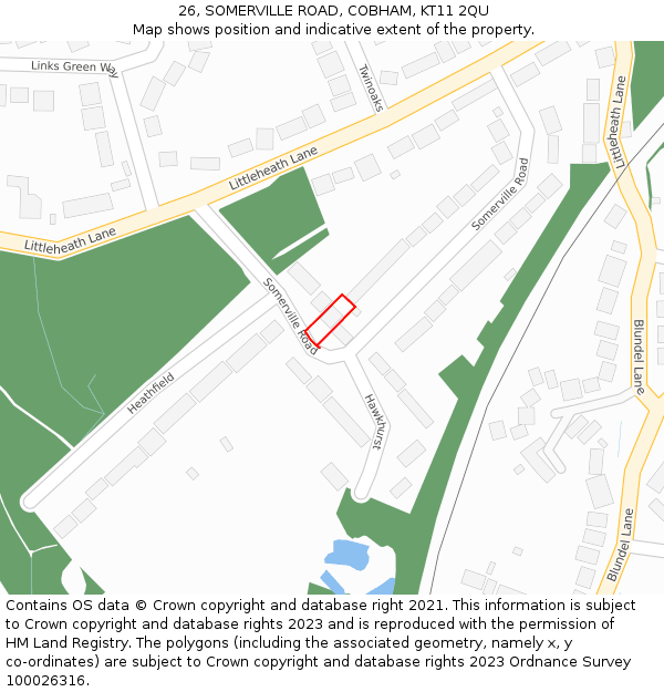 26, SOMERVILLE ROAD, COBHAM, KT11 2QU: Location map and indicative extent of plot