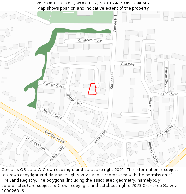 26, SORREL CLOSE, WOOTTON, NORTHAMPTON, NN4 6EY: Location map and indicative extent of plot