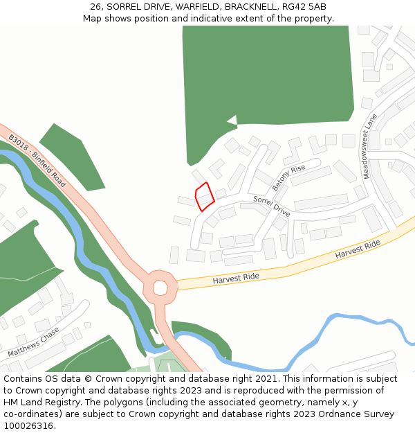 26, SORREL DRIVE, WARFIELD, BRACKNELL, RG42 5AB: Location map and indicative extent of plot