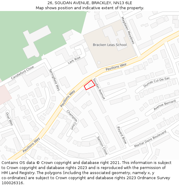 26, SOUDAN AVENUE, BRACKLEY, NN13 6LE: Location map and indicative extent of plot