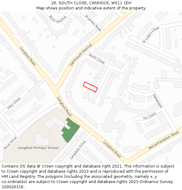 26, SOUTH CLOSE, CANNOCK, WS11 1EH: Location map and indicative extent of plot