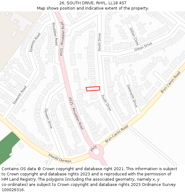 26, SOUTH DRIVE, RHYL, LL18 4ST: Location map and indicative extent of plot