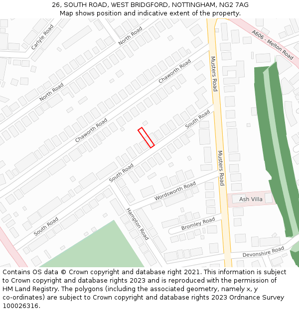 26, SOUTH ROAD, WEST BRIDGFORD, NOTTINGHAM, NG2 7AG: Location map and indicative extent of plot