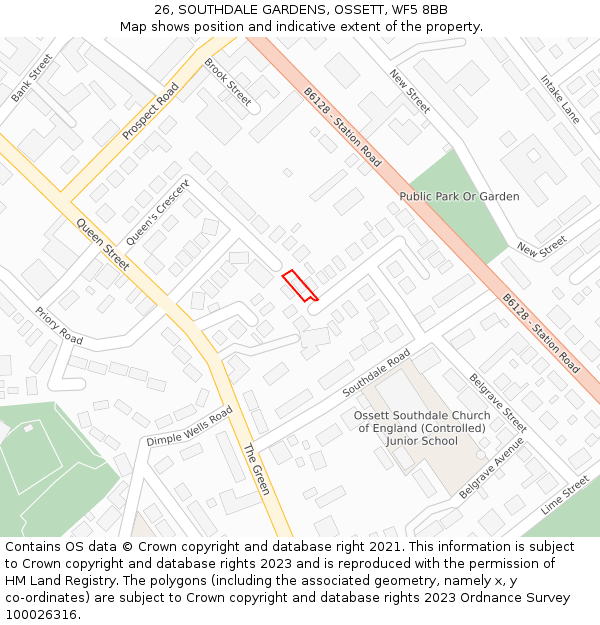 26, SOUTHDALE GARDENS, OSSETT, WF5 8BB: Location map and indicative extent of plot