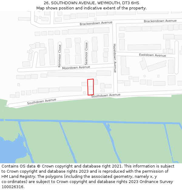 26, SOUTHDOWN AVENUE, WEYMOUTH, DT3 6HS: Location map and indicative extent of plot