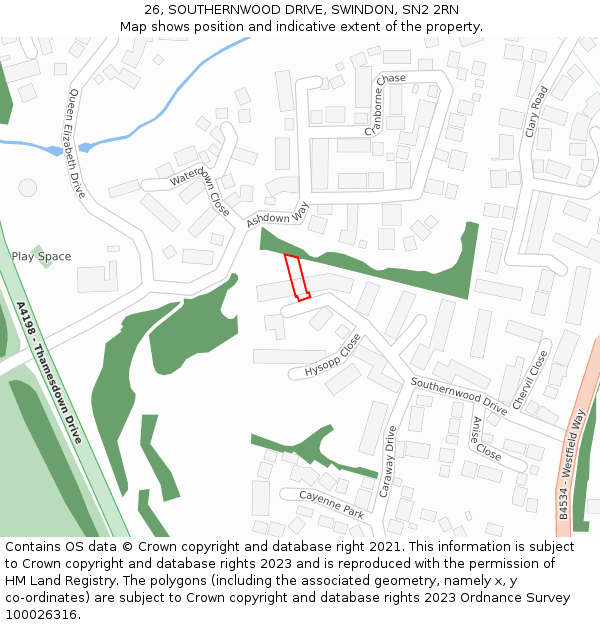 26, SOUTHERNWOOD DRIVE, SWINDON, SN2 2RN: Location map and indicative extent of plot