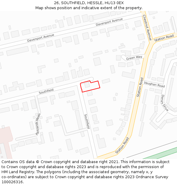 26, SOUTHFIELD, HESSLE, HU13 0EX: Location map and indicative extent of plot