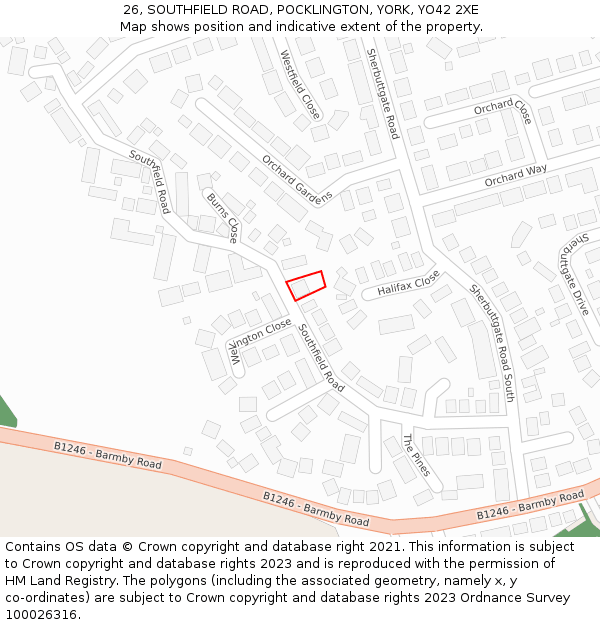 26, SOUTHFIELD ROAD, POCKLINGTON, YORK, YO42 2XE: Location map and indicative extent of plot