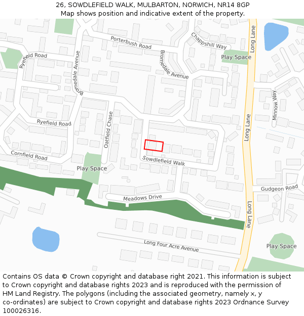 26, SOWDLEFIELD WALK, MULBARTON, NORWICH, NR14 8GP: Location map and indicative extent of plot