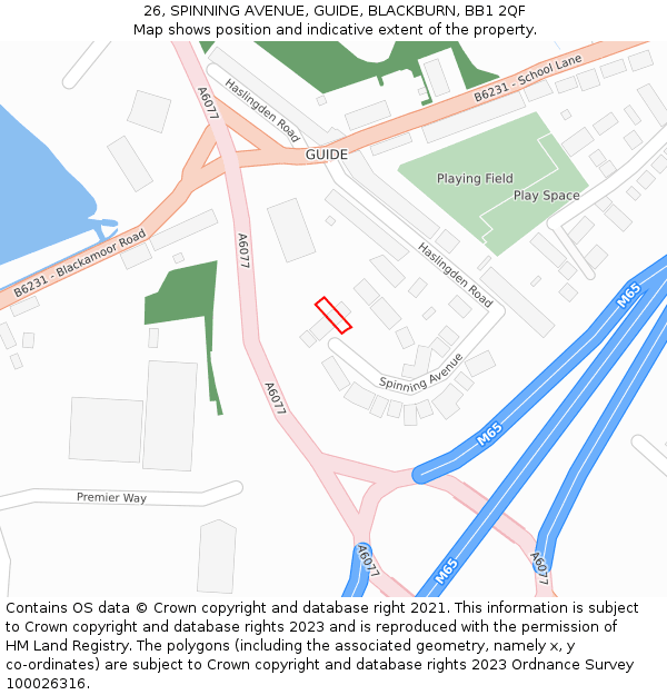 26, SPINNING AVENUE, GUIDE, BLACKBURN, BB1 2QF: Location map and indicative extent of plot