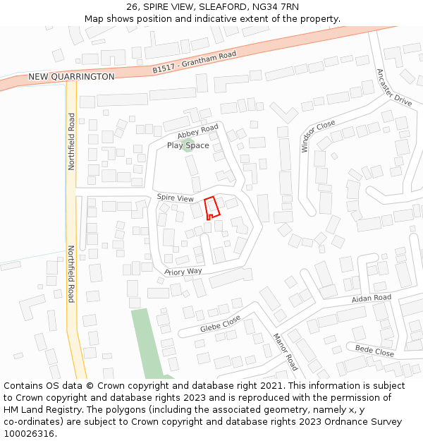 26, SPIRE VIEW, SLEAFORD, NG34 7RN: Location map and indicative extent of plot