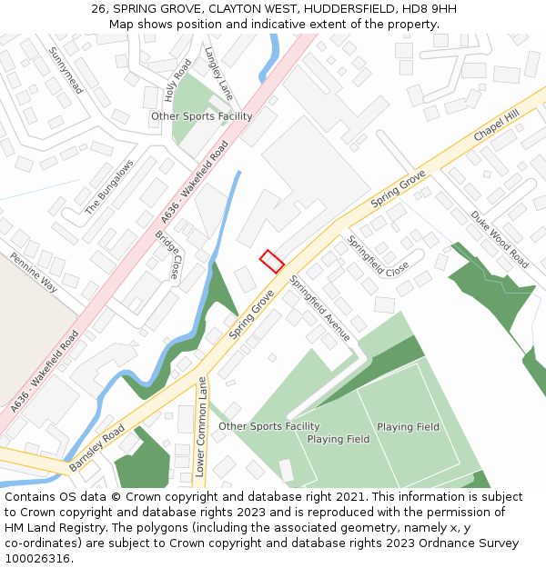 26, SPRING GROVE, CLAYTON WEST, HUDDERSFIELD, HD8 9HH: Location map and indicative extent of plot