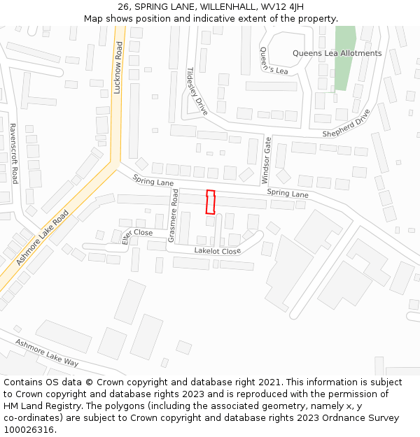 26, SPRING LANE, WILLENHALL, WV12 4JH: Location map and indicative extent of plot