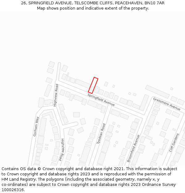 26, SPRINGFIELD AVENUE, TELSCOMBE CLIFFS, PEACEHAVEN, BN10 7AR: Location map and indicative extent of plot