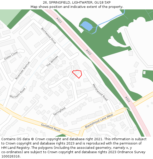 26, SPRINGFIELD, LIGHTWATER, GU18 5XP: Location map and indicative extent of plot