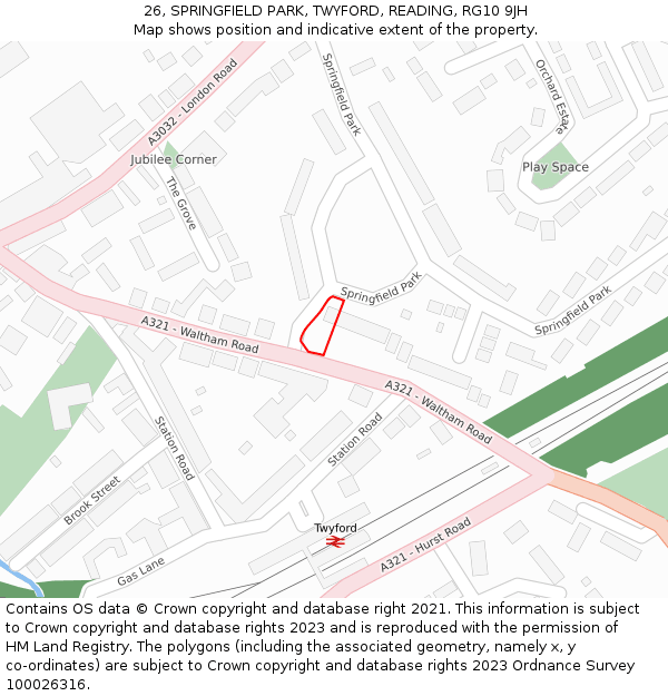 26, SPRINGFIELD PARK, TWYFORD, READING, RG10 9JH: Location map and indicative extent of plot