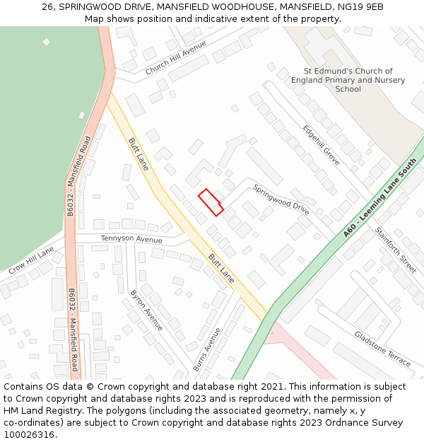 26, SPRINGWOOD DRIVE, MANSFIELD WOODHOUSE, MANSFIELD, NG19 9EB: Location map and indicative extent of plot