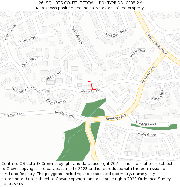 26, SQUIRES COURT, BEDDAU, PONTYPRIDD, CF38 2JY: Location map and indicative extent of plot