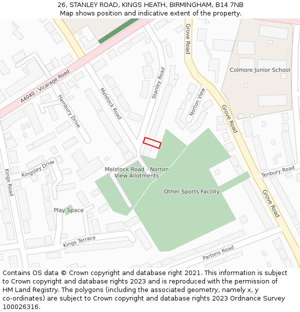 26, STANLEY ROAD, KINGS HEATH, BIRMINGHAM, B14 7NB: Location map and indicative extent of plot