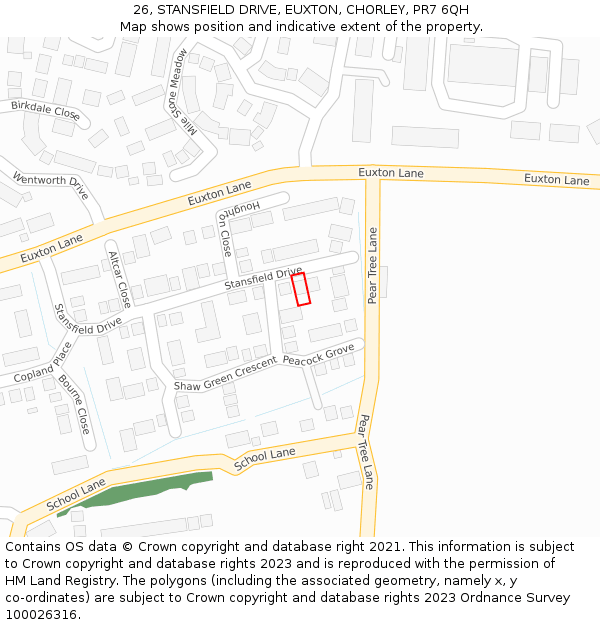 26, STANSFIELD DRIVE, EUXTON, CHORLEY, PR7 6QH: Location map and indicative extent of plot