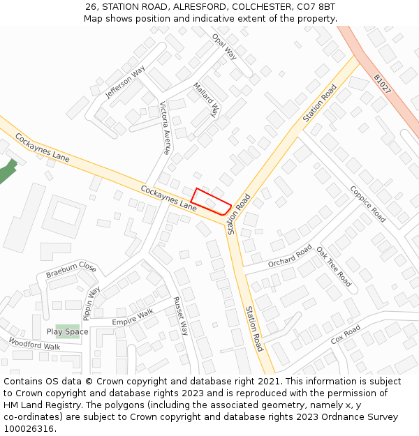 26, STATION ROAD, ALRESFORD, COLCHESTER, CO7 8BT: Location map and indicative extent of plot