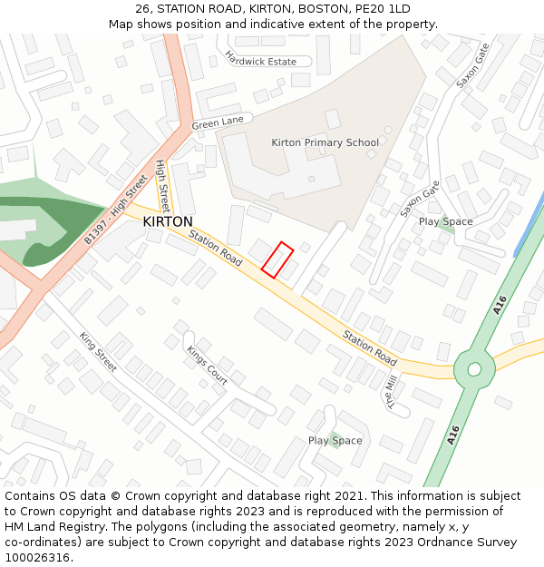26, STATION ROAD, KIRTON, BOSTON, PE20 1LD: Location map and indicative extent of plot