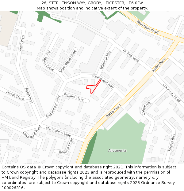 26, STEPHENSON WAY, GROBY, LEICESTER, LE6 0FW: Location map and indicative extent of plot