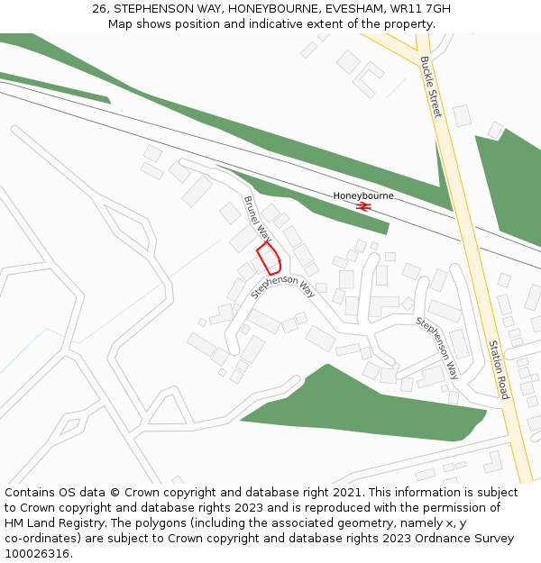 26, STEPHENSON WAY, HONEYBOURNE, EVESHAM, WR11 7GH: Location map and indicative extent of plot