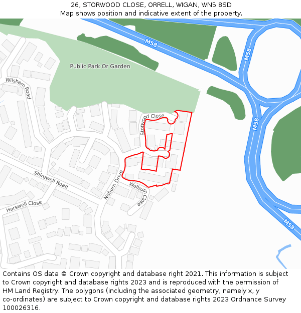 26, STORWOOD CLOSE, ORRELL, WIGAN, WN5 8SD: Location map and indicative extent of plot