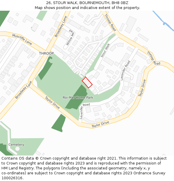 26, STOUR WALK, BOURNEMOUTH, BH8 0BZ: Location map and indicative extent of plot