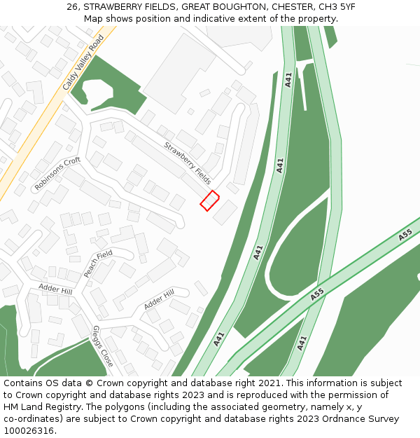 26, STRAWBERRY FIELDS, GREAT BOUGHTON, CHESTER, CH3 5YF: Location map and indicative extent of plot