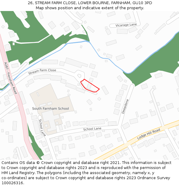 26, STREAM FARM CLOSE, LOWER BOURNE, FARNHAM, GU10 3PD: Location map and indicative extent of plot