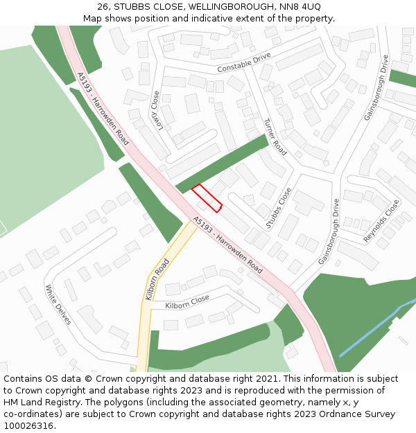 26, STUBBS CLOSE, WELLINGBOROUGH, NN8 4UQ: Location map and indicative extent of plot