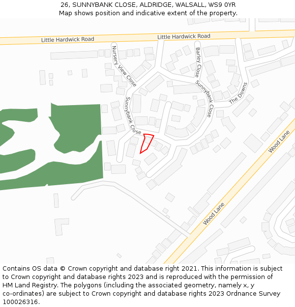26, SUNNYBANK CLOSE, ALDRIDGE, WALSALL, WS9 0YR: Location map and indicative extent of plot