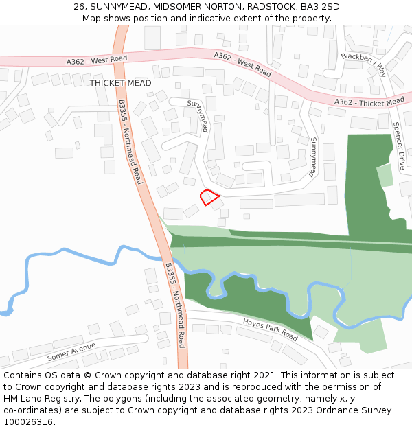 26, SUNNYMEAD, MIDSOMER NORTON, RADSTOCK, BA3 2SD: Location map and indicative extent of plot