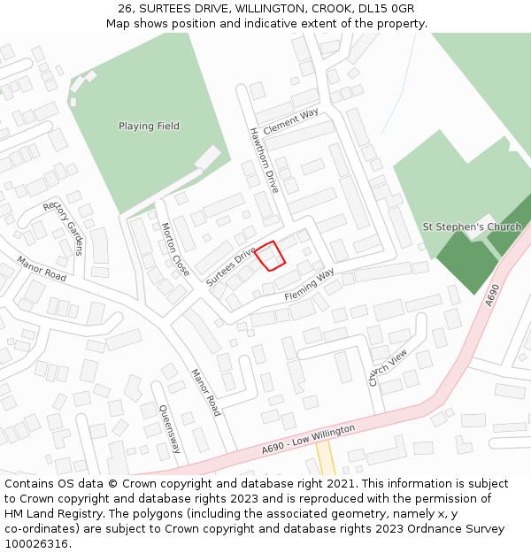 26, SURTEES DRIVE, WILLINGTON, CROOK, DL15 0GR: Location map and indicative extent of plot