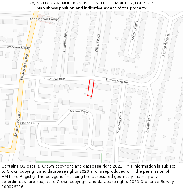 26, SUTTON AVENUE, RUSTINGTON, LITTLEHAMPTON, BN16 2ES: Location map and indicative extent of plot