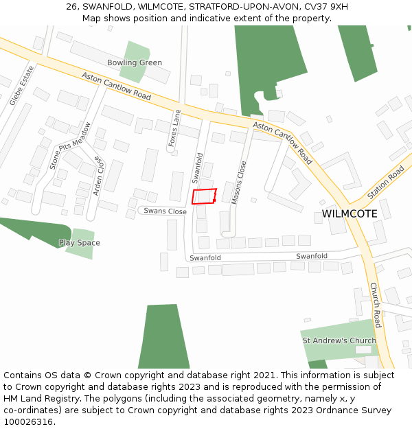 26, SWANFOLD, WILMCOTE, STRATFORD-UPON-AVON, CV37 9XH: Location map and indicative extent of plot