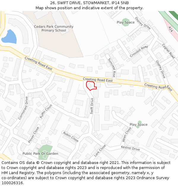 26, SWIFT DRIVE, STOWMARKET, IP14 5NB: Location map and indicative extent of plot