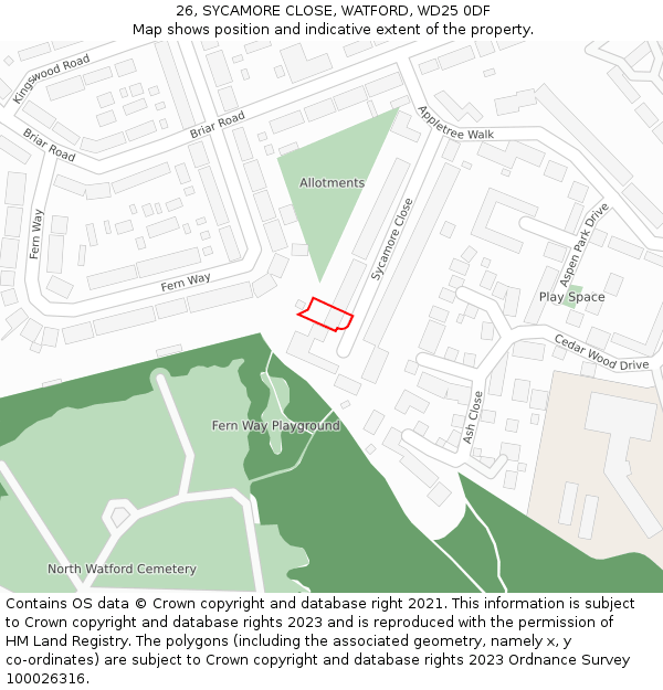 26, SYCAMORE CLOSE, WATFORD, WD25 0DF: Location map and indicative extent of plot