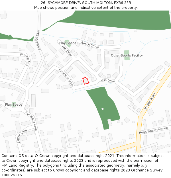 26, SYCAMORE DRIVE, SOUTH MOLTON, EX36 3FB: Location map and indicative extent of plot