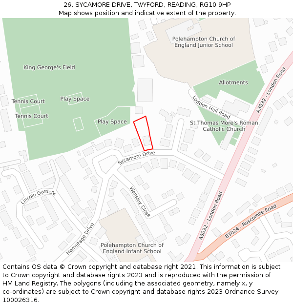 26, SYCAMORE DRIVE, TWYFORD, READING, RG10 9HP: Location map and indicative extent of plot