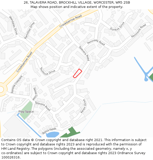 26, TALAVERA ROAD, BROCKHILL VILLAGE, WORCESTER, WR5 2SB: Location map and indicative extent of plot