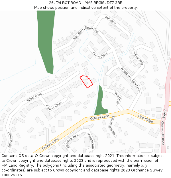 26, TALBOT ROAD, LYME REGIS, DT7 3BB: Location map and indicative extent of plot