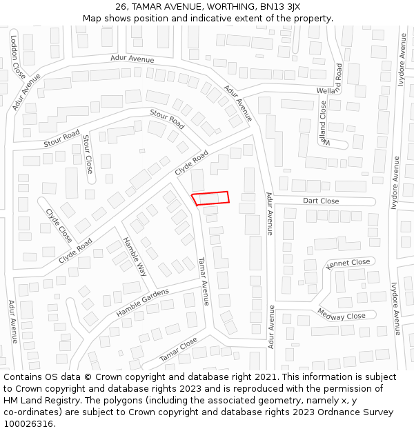 26, TAMAR AVENUE, WORTHING, BN13 3JX: Location map and indicative extent of plot