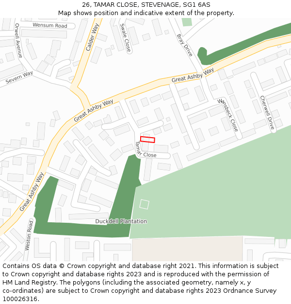 26, TAMAR CLOSE, STEVENAGE, SG1 6AS: Location map and indicative extent of plot