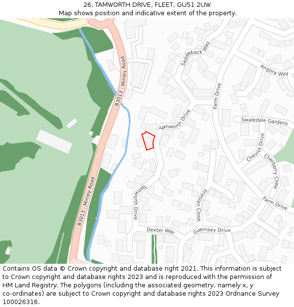 26, TAMWORTH DRIVE, FLEET, GU51 2UW: Location map and indicative extent of plot